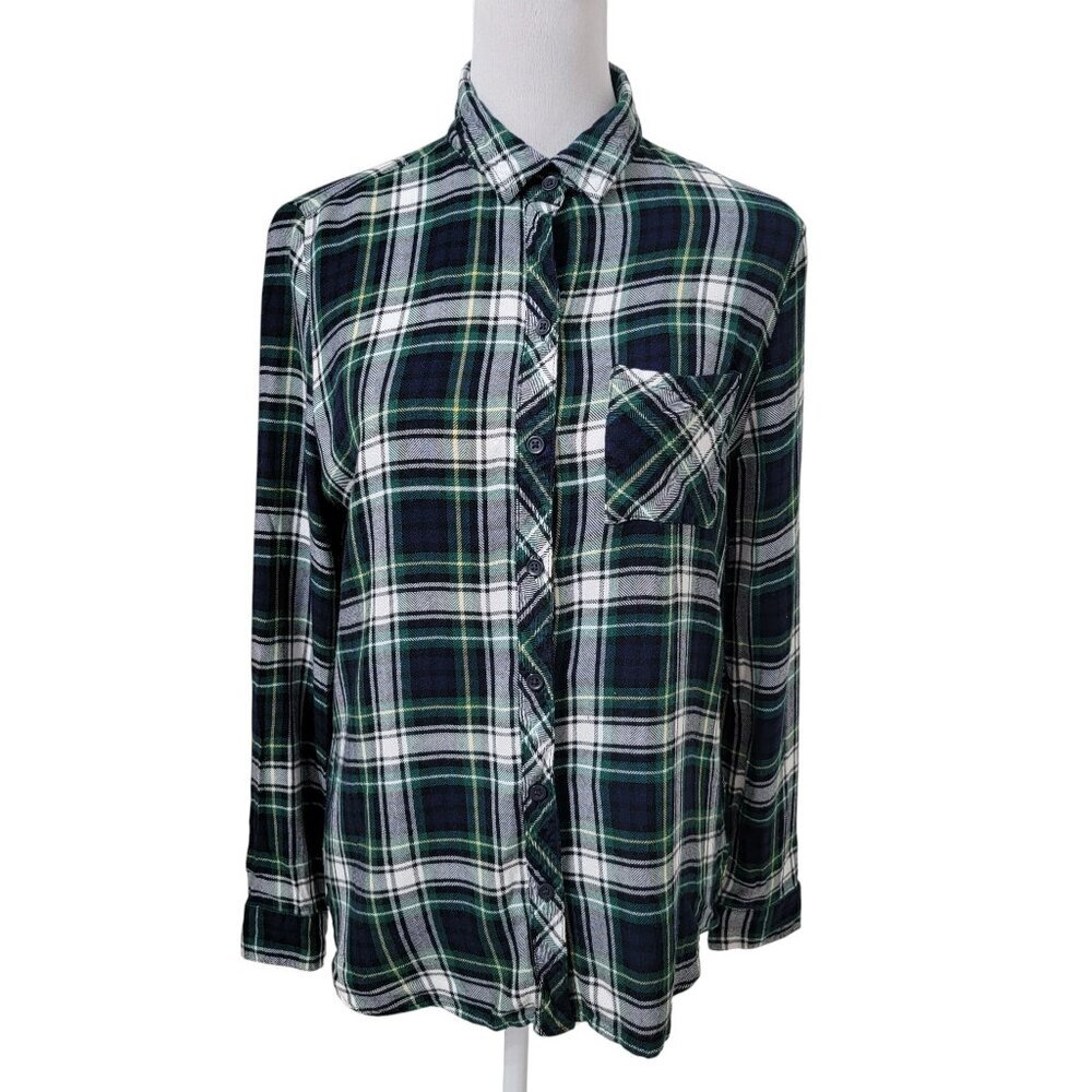 beachlunchlounge Size S Green Blue White Yellow Tartain Plaid Coat Tail Back Top